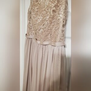 David's Bridal Gown Tan Elegant Lace & Chiffon Maxi Full Length Bridesmaid Dress